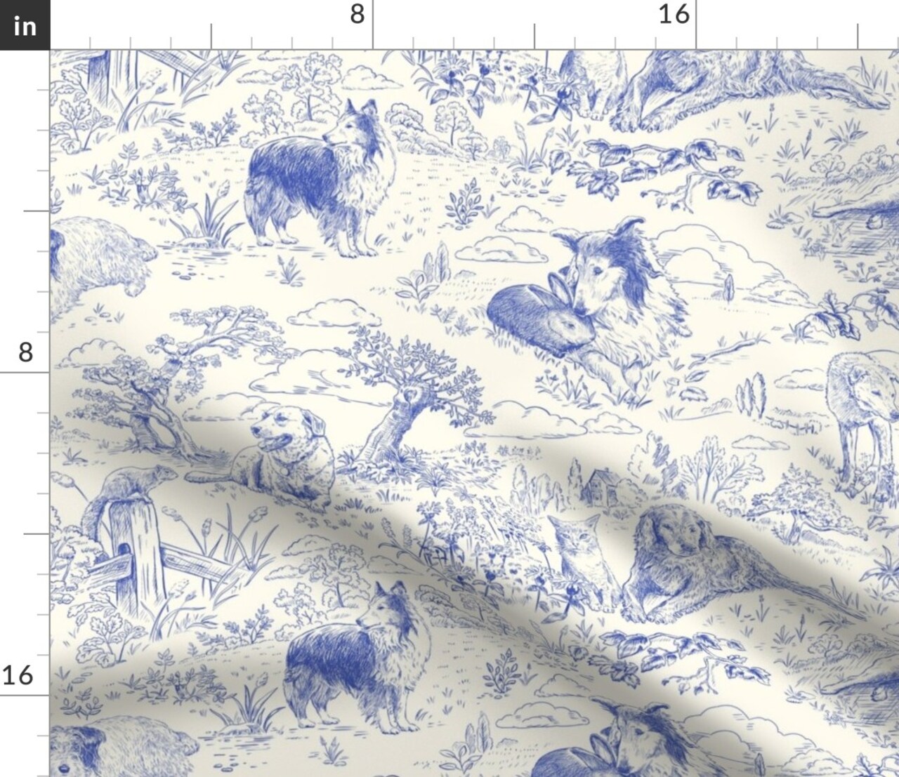 Blue Toile Country Style Hand Drawn Landscape Traditional Collie Toil Ecru Sheep Dog Australian Shepherd Shetland Custom Printed Fabric by Spoonflower Various Fabrics by the Yard or Fat Quarter